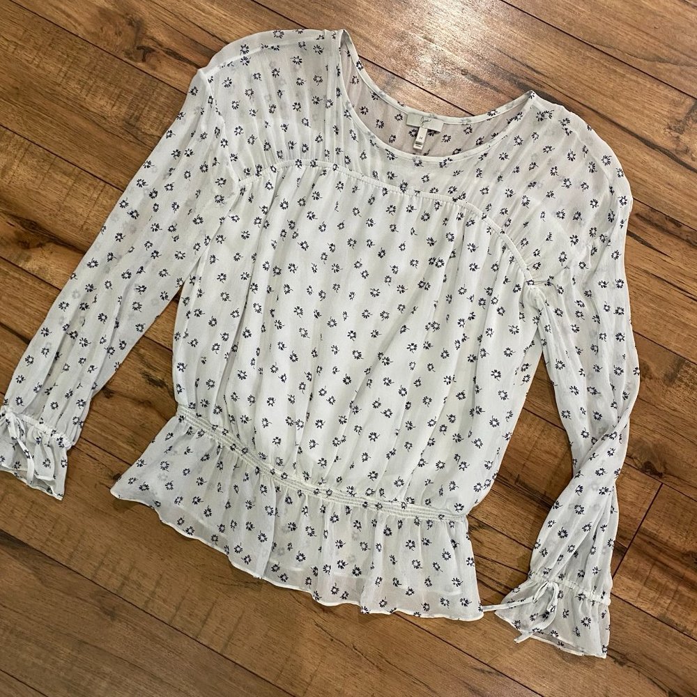 Joie Lystra Floral-Print Silk Blouson Top White/Blue Size M